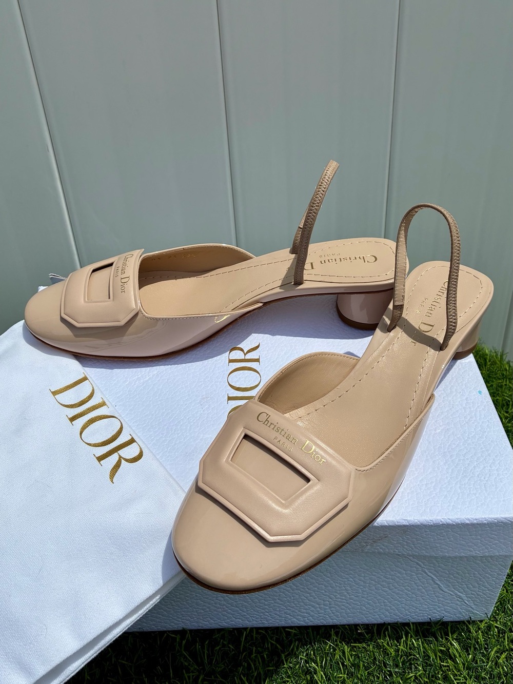 DIOR DAY SLING BALLERINA PUMP NEUTRAL BEIGE CALF PAT. LEATHER LOGO SZ 38.5 NEW - Picture 7 of 16